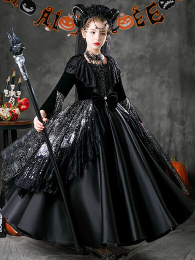 Bei Haomeng MERRIER SWEETIE Halloween girls dress character witch vampire costume dark queen dress up little devil masquerade night witch + horn + staff necklace + Halloween stickers one size 150cm