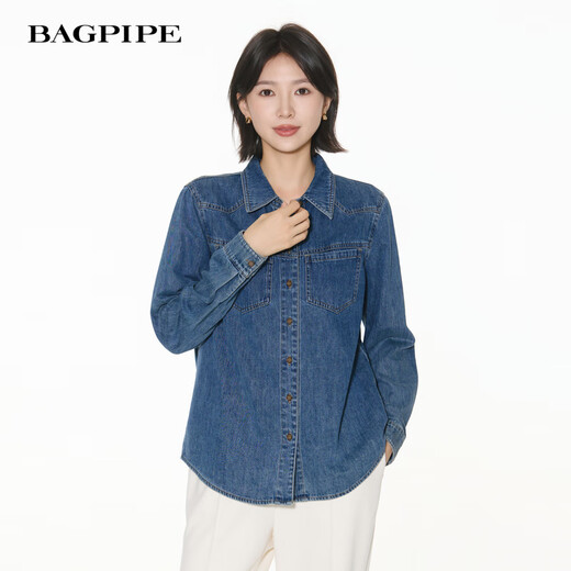Bagpipe Bagpipe 2025 Autumn New Dark Blue Retro Denim Shirt Women's Layered Small Shoulder Soft Top Denim Lan XS 150