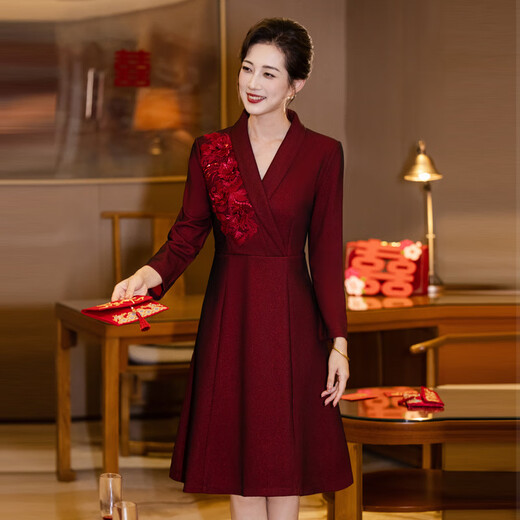 2025 Autumn New Mother's Dress Suit Collar Embroidered Wedding Banquet Mother-in-Law Dress Burgundy 2XL