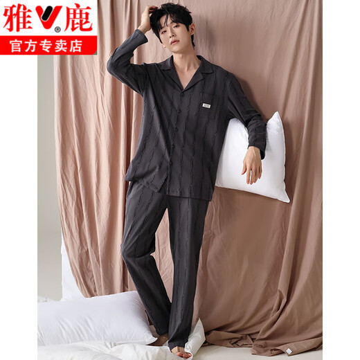 
Yalu 100% pure cotton pajamas men's autumn cardigan long sleeves trousers spring and autumn style teenagers large size home clothing set L12213 L (170)