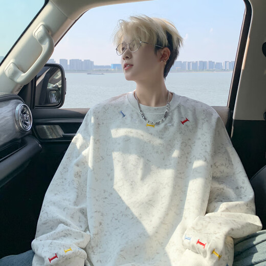 Dingfengbaoluo lazy style round neck sweatshirt design embroidered loose casual couple long-sleeved top BW36 white XL