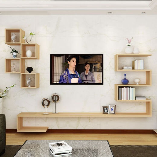 Qiao Bo Lai simple living room suspended wall-mounted TV cabinet decorative rack wall storage rack square cabinet wooden frame multi-layer total length 160cm black and white