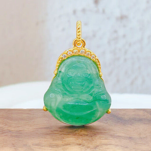18K gold inlaid leaf pendant with golden branches and jade leaves, Buddha Buddha with big belly, gift for girlfriend, birthday gift for mother, holiday gift, green Buddha Buddha