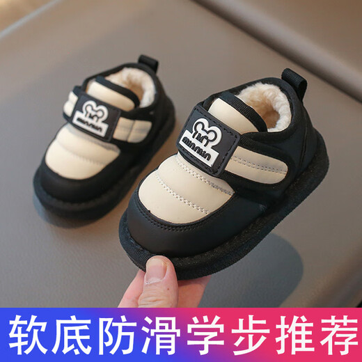 YEEHOO FASHION Yingshi baby plus fleece shoes 03 years old soft sole toddler snow boots baby boy leather thickened winter model black - snow boots large cotton thickened 18