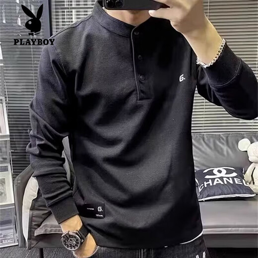 Playboy (PLAYBOY) Henry collar sweatshirt men's spring and autumn style embroidered trendy casual T-shirt long-sleeved bottoming shirt loose men's inner top black regular M
