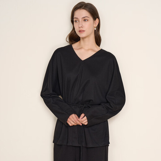 EITIE Elegant Loose Bat Sleeve Black V-neck Tie Top 2025 Autumn and Winter New Long Sleeve Shirt D2513907V Minimalist Black 20 XL (170)