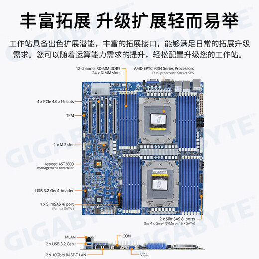 技嘉AMD EPYC双路霄龙4代9754/9654/工作站 /科学CFD仿真计算服务器/塔式主机 双路霄龙9554 3.1G 128核256线程 64G内存/2T固态/集显