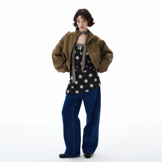 Weilang's store autumn American retro cool style short jacket women's design high-end niche windbreaker jacket green ready for delivery on the same day S