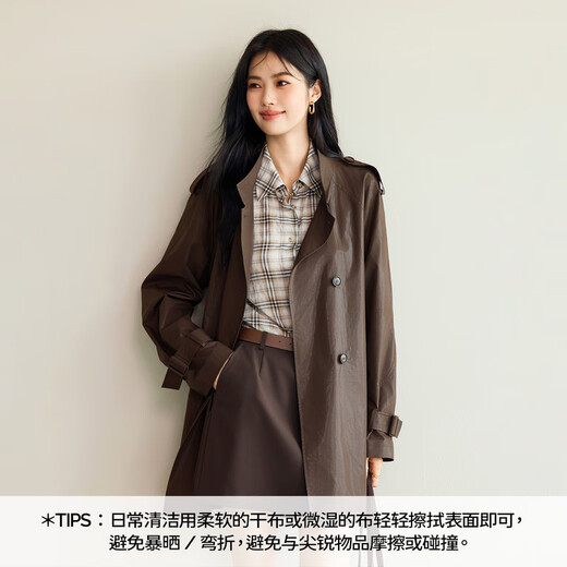 Eveli (eifini) Jiang Xin endorses Eveli stand-up collar design double-breasted imitation leather mid-length glossy windbreaker 2025 autumn new style coffee mid-length S