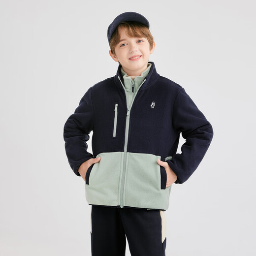 Hush Puppies children's clothing for boys and girls 2025 new autumn style vibrant contrasting color polar fleece jacket, navy blue 140 cm