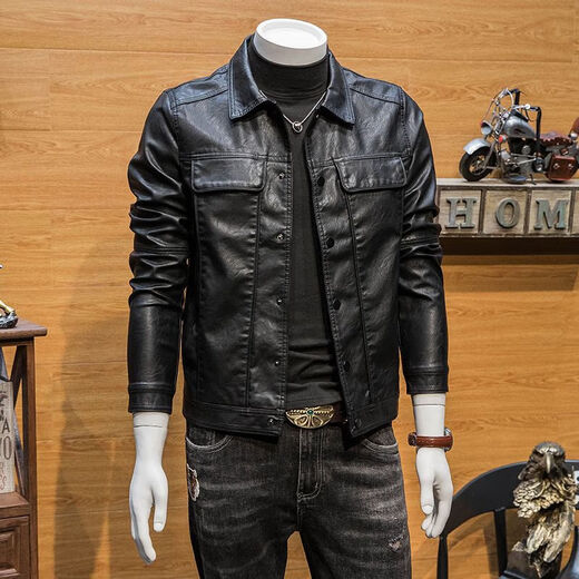 High-end leather jacket for men 2025 new Korean style trendy and handsome spring and autumn coat lapel casual motorcycle PU leather jacket trendy black without velvet 2XL 2XL recommended size 130--145Jin Jin is equal to 0.5 kg