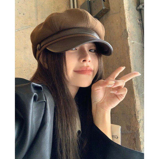 Quchen beret women's octagonal hat winter women's octagonal beret painter's hat coffee hat western Sichuan hat leather buckle beret coffee one size