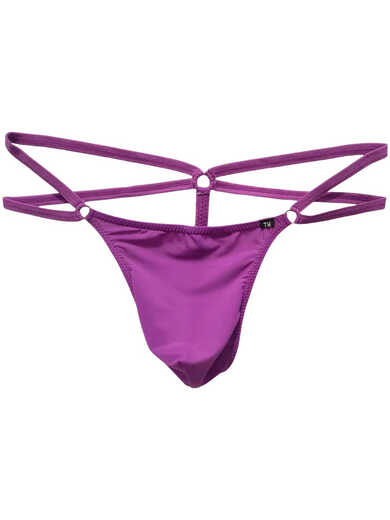 Men's T-string underwear stretch ice silk large pouch double-strap thong underwear with ring sexy underwear men's T-pants breathable purple S