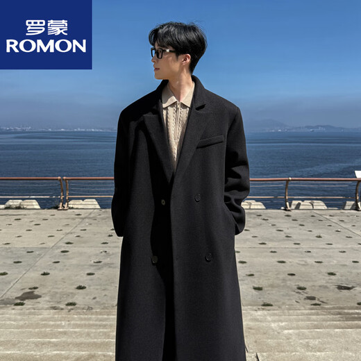 ROMON shoulder pads + belt style autumn and winter knee-length woolen coat men's mid-length thickened woolen windbreaker jacket new product black M
