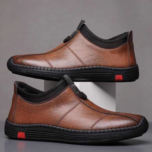 Single cotton same style winter beanie shoes for men, business casual leather shoes, soft sole, non-slip, velvet, warm, lazy one-leg P-5 black, velvet style 43