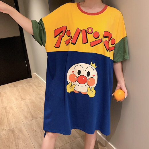 Pinkdackeb Japanese Anpanman Nightgown Women's Summer Thin Loose Cartoon Cute Short-Sleeved Cotton Pajamas Home Clothes Anpanman M Size (90-125Jin [Jin equals 0.5kg])