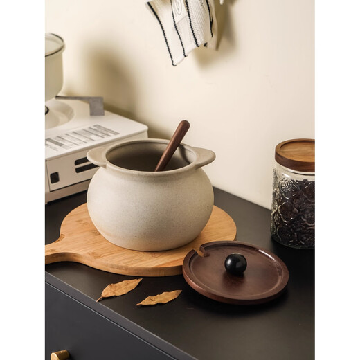GPHF Japanese light luxury coarse pottery lard tank household high-looking kitchen special large-capacity chili oil tank oil tank meat oil tank wooden lid lard tank - small with spoon