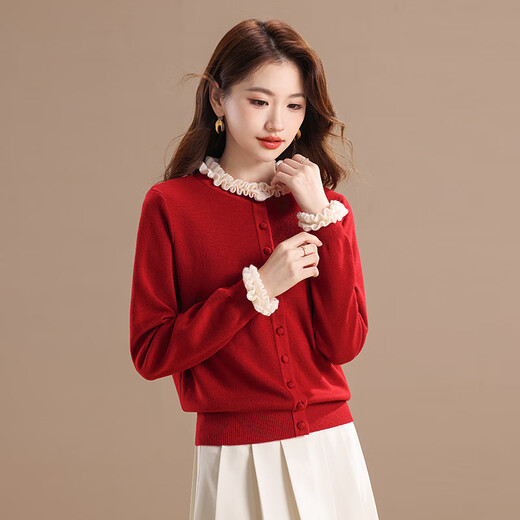Qianbainian retro fungus-edged wool knitted cardigan for women in autumn and winter new sweet age-reducing sweater base coat red XXL