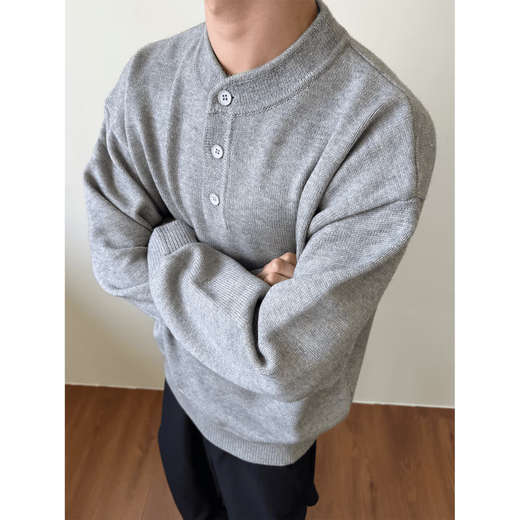 Gray American Henry collar sweater for men, early autumn, lazy style bottoming sweater, cleanfit inner layer, black 2XL