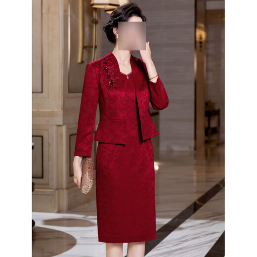 Xiaohan Deer happy mommy outfit wedding banquet noble can be worn at ordinary times 2025 autumn and October happy mommy dress suit skirt autumn 2025 burgundy long-sleeved jacket + bottoming skirt Xiaoxiangfeng two-piece set M 90~100Jin Jin is equal to 0.5 kg to wear