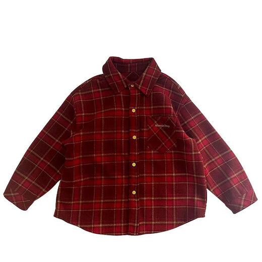 Ye Yu Boys' Shirt Autumn and Winter Children's Thick Woolen Jacket 2025 Spring Autumn New Year Model Medium and Large Children's Brushed Plaid Shirt Red 48