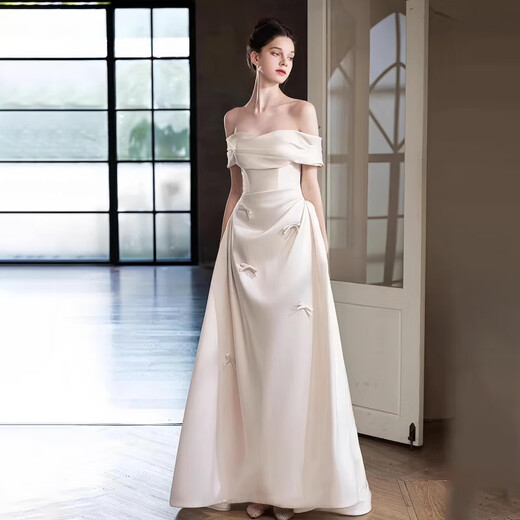 Utopia one-shoulder satin wedding dress, light niche tube top bridal wedding veil, simple French engagement dress, white 1. White M