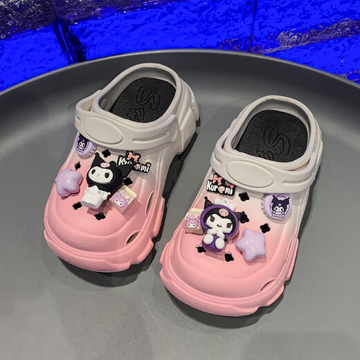 Children's Crocs Girls Summer Style 2025 New Kuromi Girls Beach Baotou Sandals Anti-Slip Parent-child Slippers Gradient Black and White SpongeBob SquarePants Size 30-31 (Inner Length 19.5cm)