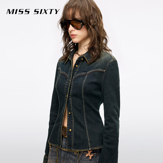 MISS SIXTY2025 winter new long-sleeved denim shirt for women retro washed lapel single-breasted retro blue M