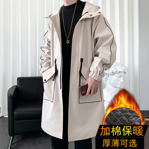 Shelley Jones中长款风衣男士秋冬季新款美式复古加棉加厚休闲上衣服男装外套潮 黑色加棉 L [建议110-125斤]