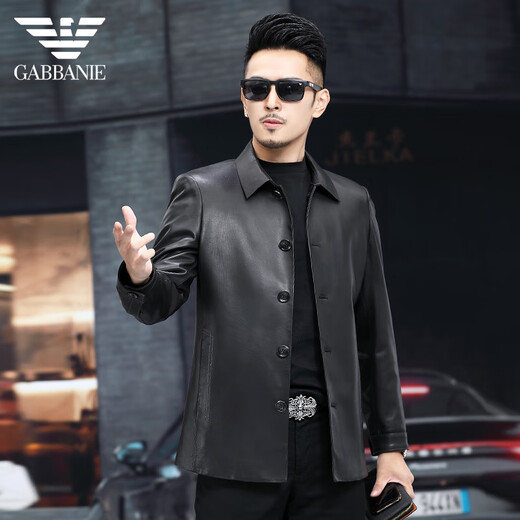 ARMANI EXCHANGE Armani Haining first-layer cowhide lapel black slim business leather jacket mid-length zipper leather jacket black L 170