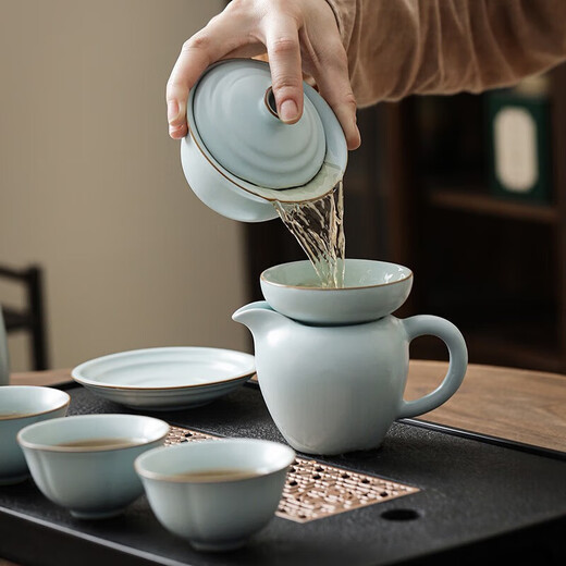 Yuese Ru Kiln Kung Fu Tea Set Ceramics with Tea Tray Office Guest Household Small Set Ru Kiln 12 Pieces + Tea Tray Window Ming Rectangular 43x26 12 Pieces