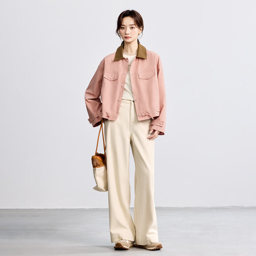 INMAN Pure Cotton Revealable Jacket Women's 2025 Autumn Loose Fashionable Contrast Color Lapel Work Jacket Top Lotus Pink S