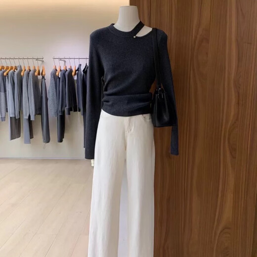 Su Yuwei old money style gray striped hollow knitted bottoming shirt for women in autumn and winter, high-end slim fit inner sweater, shoulder top, dark gray stripes, follow the store - free shipping insurance S (80-95Jin Jin is equal to 0.5kg)