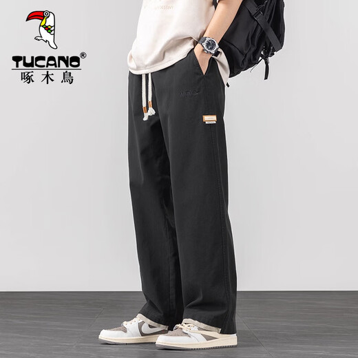 Woodpecker Casual Pants Men's Autumn and Winter Plus Velvet American Cotton Casual Pants Men's Trendy Loose Straight Sports Wide-leg Trousers Khaki XL (Recommended 125-150 Jin Jin equals 0.5 kg)