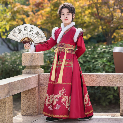 Anneyol Boys Hanfu Autumn and Winter Young Master Tang Suit Winter Boys New Year Clothes Children's Ancient Clothes Winter Clothes Thickened Red 150