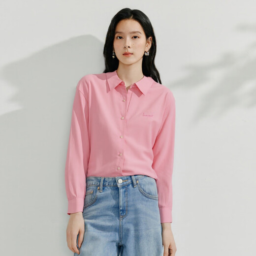 INMAN pure cotton commuting simple European style blue shirt for women 2025 summer versatile and comfortable embroidered back slit shirt lotus root pink S