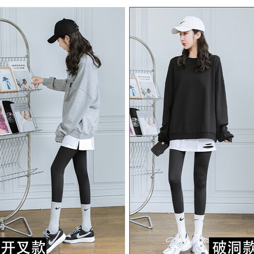 Dahui Butt Curtain Leggings Women's Sweatshirt Small Butt Curtain Shark Pants Leggings with Fake Two Pieces Stacked Wear Hem to Cover Buttocks White - Holes - One Size