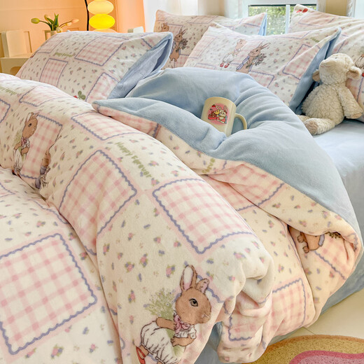 Langsha (langsha) autumn and winter plus velvet milk velvet bed four-piece set small fresh thick coral velvet sheet quilt cover three-piece bedding set pastoral rabbit + baby blue 1.8m bed sheet style four-piece set - quilt cover 200*230