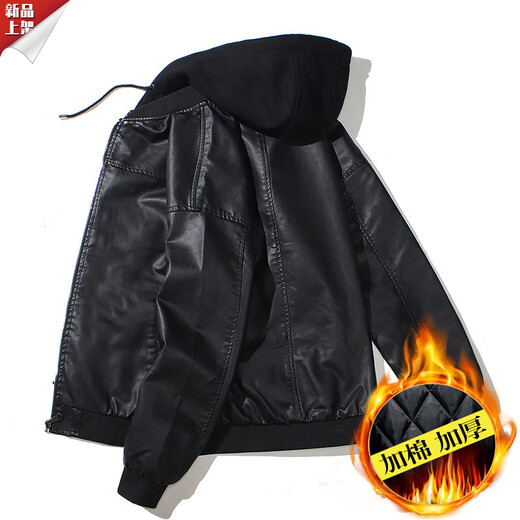 HKWZ Men's Hooded PU Leather Jacket Motorcycle Hooded Men's Youth Leather Jacket Cotton Autumn and Winter Thickened Jacket Leather Jacket Black M