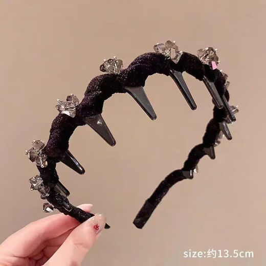 Japanese and Korean temperament velvet rhinestone wavy hairband with teeth and anti-slip new style 2025 autumn and winter broken hair face wash headband hair accessories black - velvet rhinestone black long hair 1cm