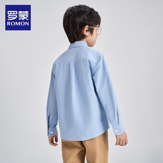 Luo Meng children's clothing boys' shirt new spring and autumn college style embroidered long-sleeved campus uniform blue shirt blue 130