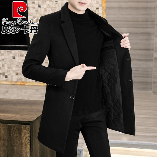 皮尔卡丹（pierre cardin）高端品牌羊毛大衣男士韩版中长款加厚风衣秋冬季时尚毛呢男装外套 黑色 2XL (140-155斤)