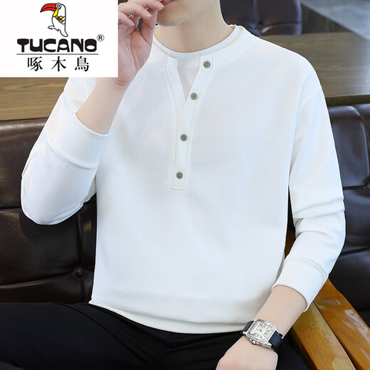 Woodpecker fake two-piece sweatshirt autumn men's Henry collar bottoming shirt 2025 spring and autumn new trendy brand loose long-sleeved T-shirt white M