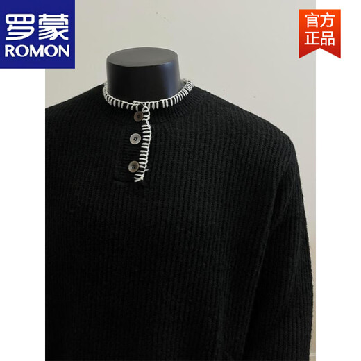 ROMON cleanfit American Henry collar sweater for men, autumn and winter style lazy style sweater with base layer black M