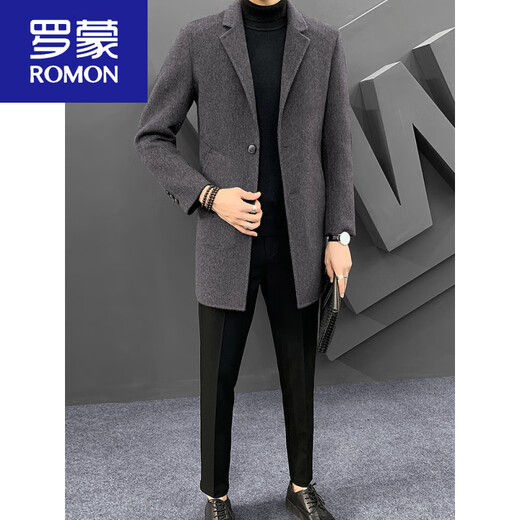 ROMON double-sided cashmere coat men's mid-length Korean style autumn and winter thickened Nizi British windbreaker wool woolen coat mixed coffee-18705 M 110-125Jin Jin is equal to 0.5 kg