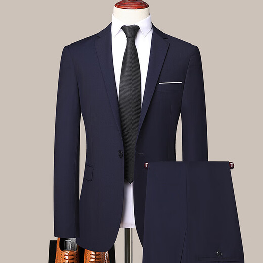 LESS IS MORE Lilang Single Button Men's Business Suit Slim Fit Civil Servant Formal Wedding Banquet Suit Two-piece Navy Blue 2XL 185-36