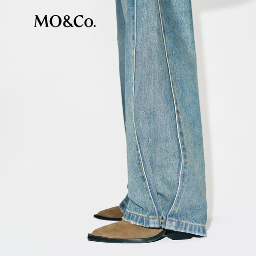 MO&Co. Divine Pants Jeans 2025 Winter New Arrival Cotton Deconstructed Splicing Side Seam Wide Leg Pants Blue Mid-Waist MBE4JENT09 Denim Blue S 26