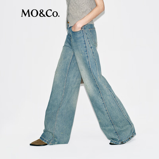 MO&Co. Divine Pants Jeans 2025 Winter New Arrival Cotton Deconstructed Splicing Side Seam Wide Leg Pants Blue Mid-Waist MBE4JENT09 Denim Blue S 26