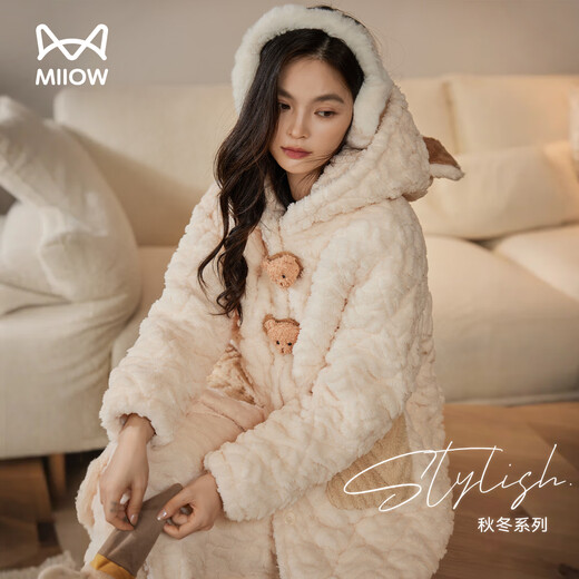 猫人女士睡衣女秋冬季三层夹棉珊瑚绒睡袍加绒加厚高端家居服2025新品
