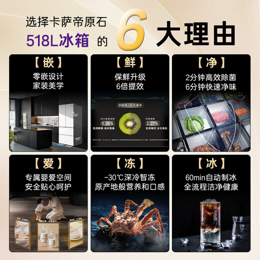 Casarte original stone series 518 liter French multi-door refrigerator 594MM professional ultra-thin zero-embedded fully automatic ice making first-class energy efficiency national subsidy up to 15% off white